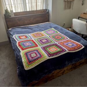 VINTAGE Rainbow Square Small Afghan Crochet Throw Blanket
